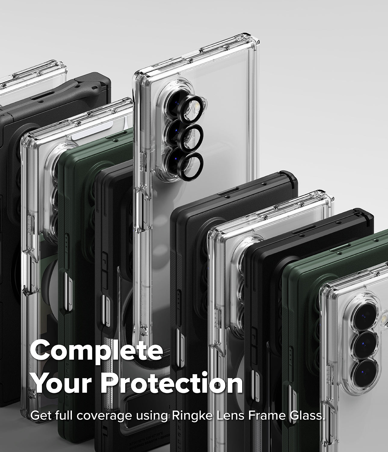 Galaxy Z Fold 8 Ultra Case | Alles - A promotional product render showing multiple smartphone cases arranged in a fan-like layout on a light gray background. The cases are transparent, black, and dark green, with one clear case prominently centered.