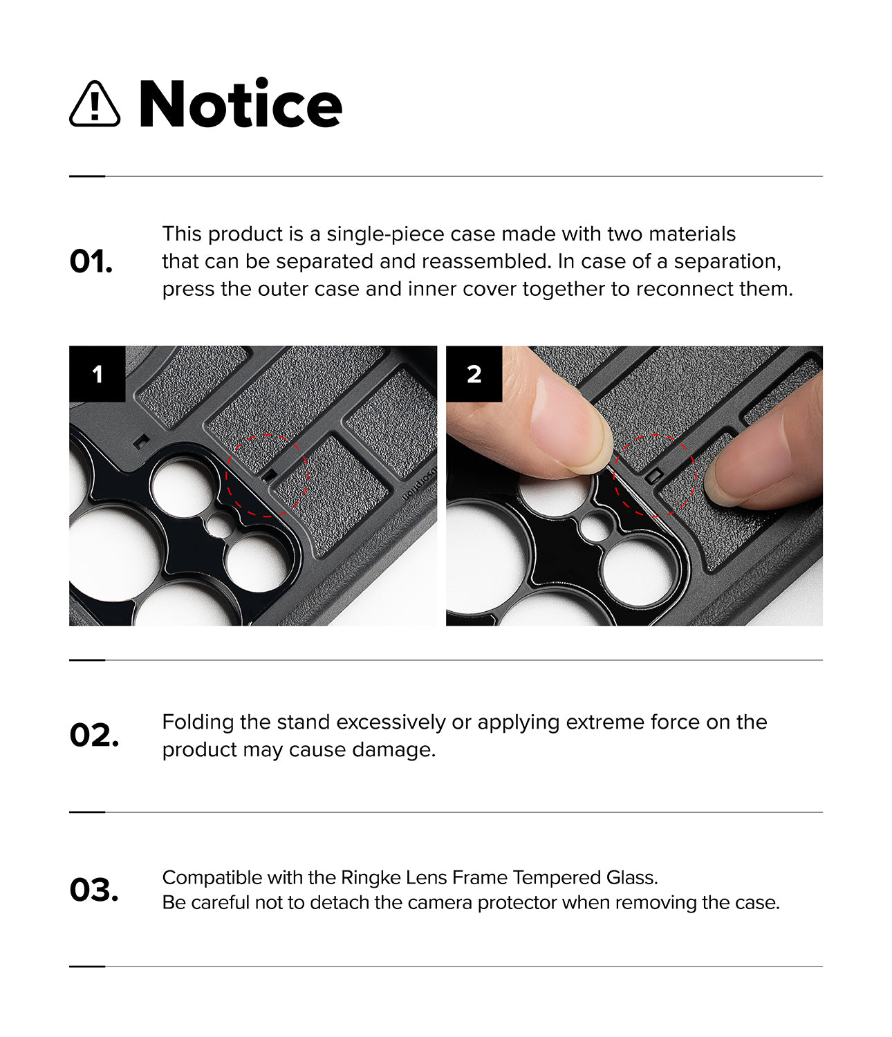 Galaxy Z Fold 8 Ultra Case | Alles - Instruction notice sheet showing a close-up of a black protective phone case with two inset photos demonstrating how to reconnect separated pieces and warning against excessive force. Text also notes compatibility with Ringke Lens Frame Tempered Glass.