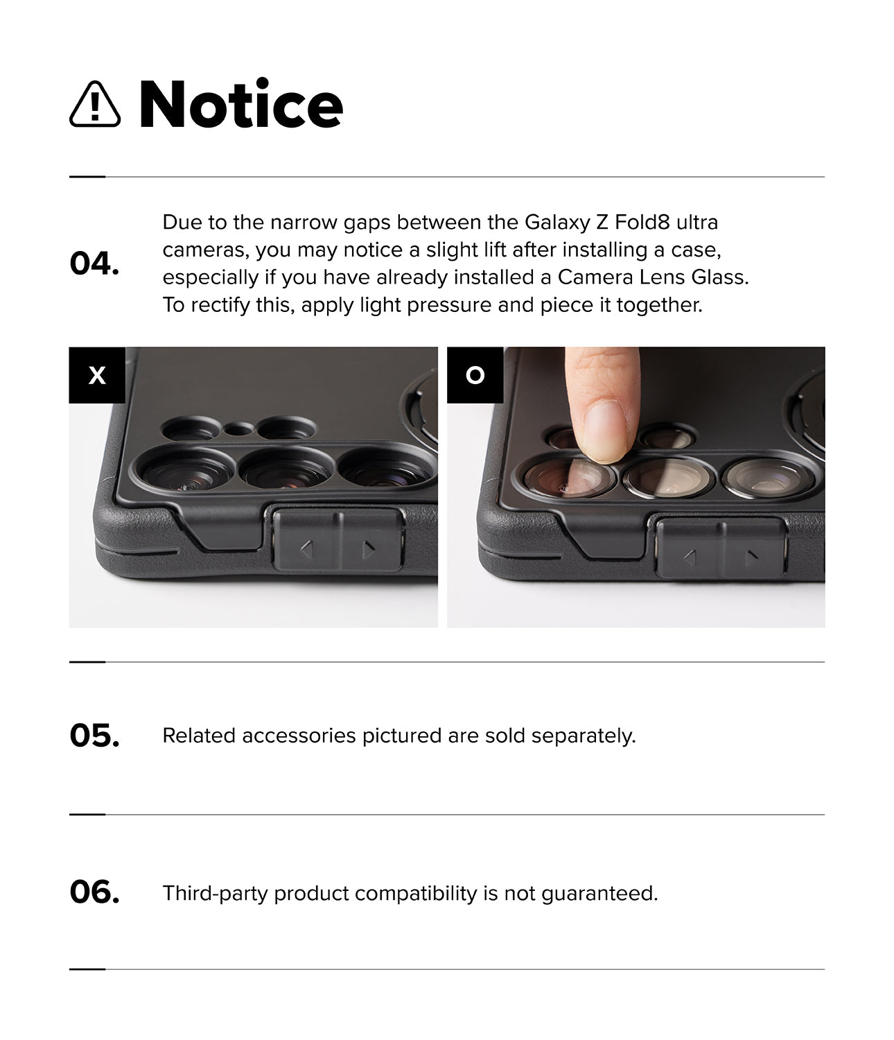 Galaxy Z Fold 8 Ultra Case | Alles - A white instruction sheet with the heading 'Notice' and six text points, including a warning about installing a case on a Galaxy Z Fold8 and two small photos showing camera lens alignment and a finger pressing the area.