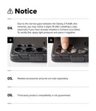 Galaxy Z Fold 8 Ultra Case | Alles - A white instruction sheet with the heading 'Notice' and six text points, including a warning about installing a case on a Galaxy Z Fold8 and two small photos showing camera lens alignment and a finger pressing the area.