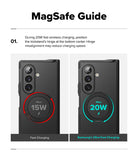 Galaxy Z Fold 8 Ultra Case | Alles - MagSafe charging guide infographic showing two black phone cases side by side on a white background. The left case is labeled 'Fast Charging' with a red circular MagSafe ring and 15W text, and the right case is labeled 'Samsung's Ultra-Fast Charging' with a cyan MagSafe ring and 20W text.