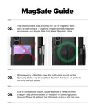 Galaxy Z Fold 8 Ultra Case | Alles - A product compatibility and usage guide titled 'MagSafe Guide' on a white background, with text explaining magnetic accessory support, a card holder prevention, Samsung Wallet compatibility, and Apple MagSafe/MFM certification limitations.