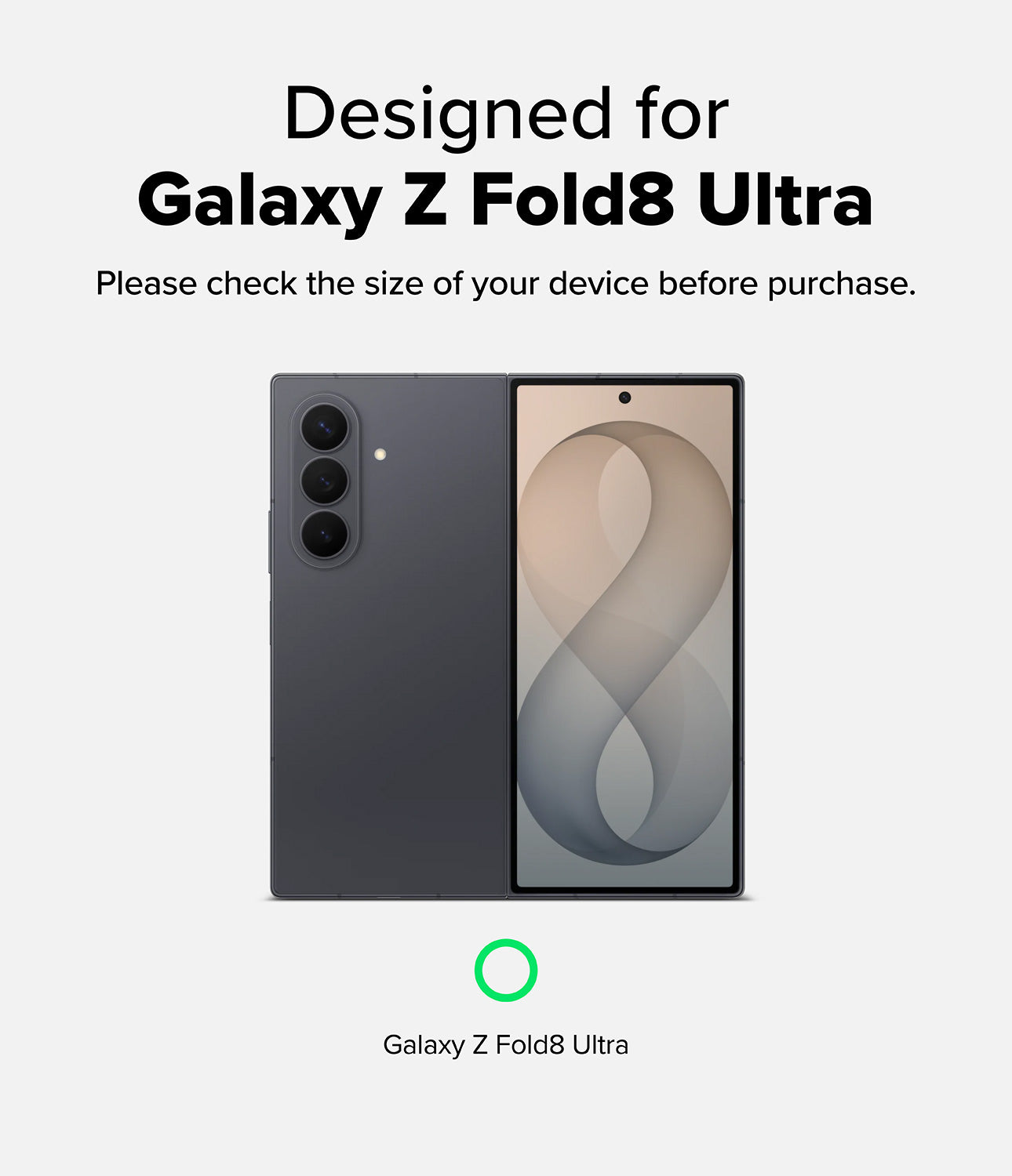 Galaxy Z Fold 8 Ultra Case | Alles - A dark gray Samsung Galaxy Z Fold8 Ultra smartphone shown from the back and front, with text stating 'Designed for Galaxy Z Fold8 Ultra' and a green ring icon below.