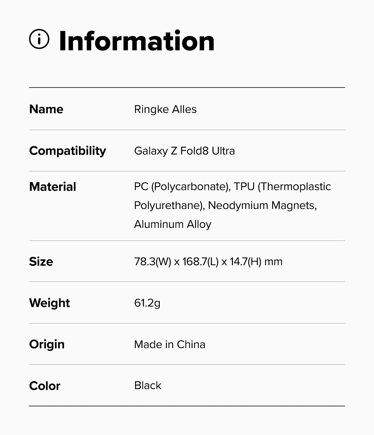 Galaxy Z Fold 8 Ultra Case | Alles - A black and white specification sheet showing product information for a Ringke Alles case compatible with the Galaxy Z Fold8 Ultra. The table lists material, size, weight, and origin, with the color specified as Black.