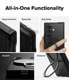 Galaxy Z Fold 8 Ultra Case | Alles - A black rugged phone case with multiple functional features, shown in a five-panel infographic. The panels highlight hinge protection, a strap hole, a grip holder with a hand holding the phone, MagSafe compatibility, and a built-in kickstand.