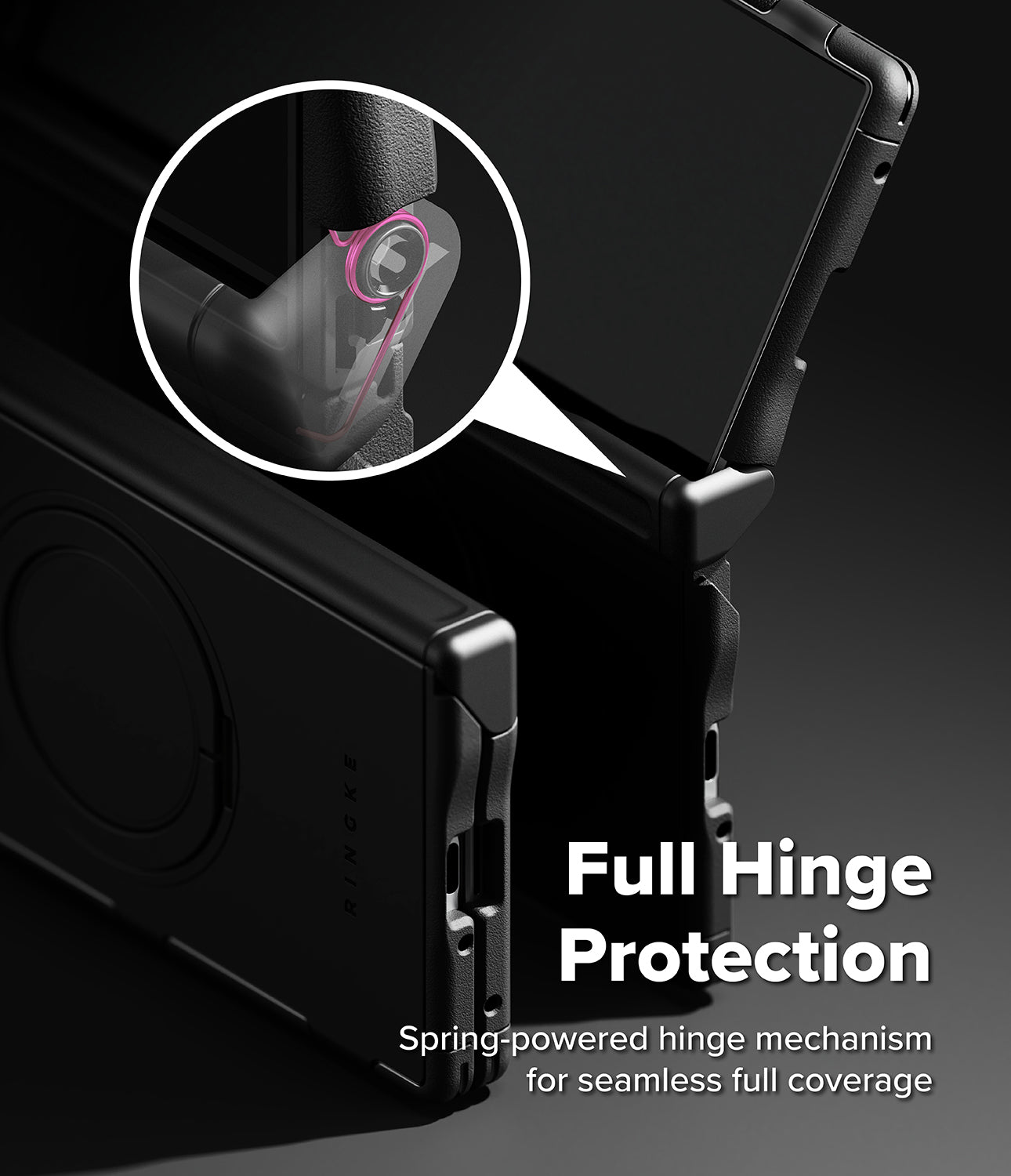 Galaxy Z Fold 8 Ultra Case | Alles - Black rugged phone case with a circular inset highlighting a spring-powered hinge mechanism, shown with the phone partially inserted and text reading 'Full Hinge Protection' on a dark gradient background.