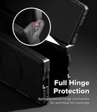 Galaxy Z Fold 8 Ultra Case | Alles - Black rugged phone case with a circular inset highlighting a spring-powered hinge mechanism, shown with the phone partially inserted and text reading 'Full Hinge Protection' on a dark gradient background.