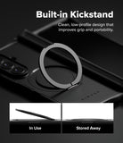 Galaxy Z Fold 8 Ultra Case | Alles - A black phone case with a built-in circular kickstand ring, shown on a dark background with marketing text reading 'Built-in Kickstand' and two small inset images demonstrating 'In Use' and 'Stored Away' positions.