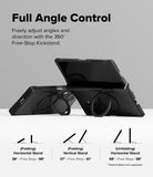 Galaxy Z Fold 8 Ultra Case | Alles - Black kickstand for tablet shown in multiple angles with text explaining full angle control and free-stop kickstand functionality on a light gray background.