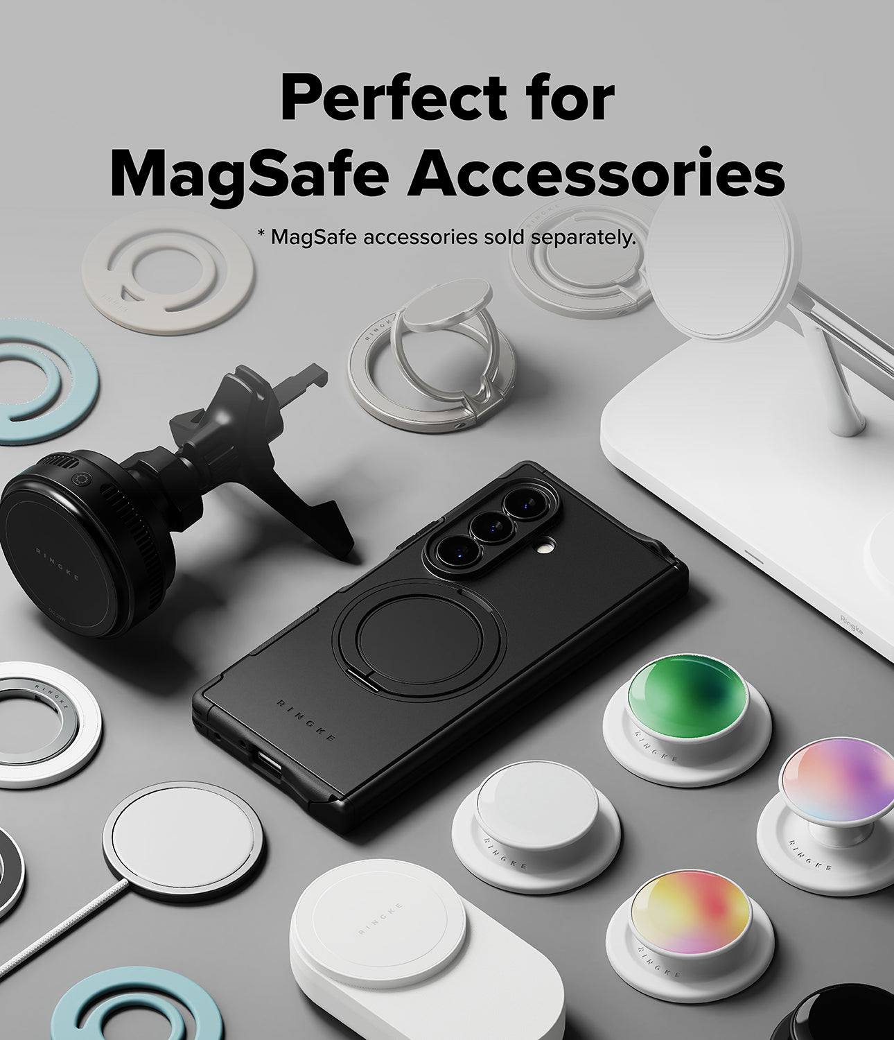 Galaxy Z Fold 8 Ultra Case | Alles - A black smartphone case with a circular MagSafe ring is shown on a phone, surrounded by various MagSafe accessories including a white magnetic stand, a black magnetic mount, and several white pop-sockets with colorful grips. Text at the top reads 'Perfect for MagSafe Accessories' with a smaller note that MagSafe accessories are sold separately.