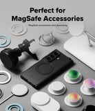 Galaxy Z Fold 8 Ultra Case | Alles - A black smartphone case with a circular MagSafe ring is shown on a phone, surrounded by various MagSafe accessories including a white magnetic stand, a black magnetic mount, and several white pop-sockets with colorful grips. Text at the top reads 'Perfect for MagSafe Accessories' with a smaller note that MagSafe accessories are sold separately.