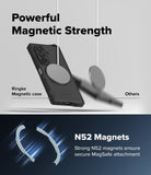 Galaxy Z Fold 8 Ultra Case | Alles - Promotional graphic for a black Ringke magnetic phone case with a circular MagSafe ring, shown floating above a dark blue section labeled 'N52 Magnets' and 'Strong N52 magnets ensure secure MagSafe attachment.' Text at the top reads 'Powerful Magnetic Strength' and compares the case to generic 'Others' magnets.