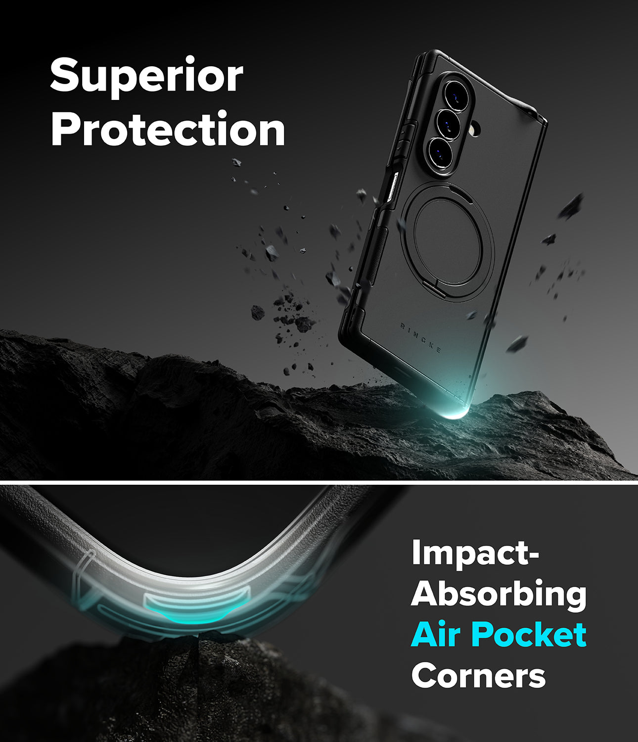 Galaxy Z Fold 8 Ultra Case | Alles - A dark gray protective phone case with a circular magnetic ring is shown floating above a rocky surface, with text reading 'Superior Protection' and 'Impact-Absorbing Air Pocket Corners.' The lower section shows a close-up of the curved corner protection with glowing cyan accents.