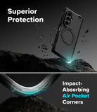 Galaxy Z Fold 8 Ultra Case | Alles - A dark gray protective phone case with a circular magnetic ring is shown floating above a rocky surface, with text reading 'Superior Protection' and 'Impact-Absorbing Air Pocket Corners.' The lower section shows a close-up of the curved corner protection with glowing cyan accents.