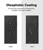Galaxy Z Fold 8 Ultra Screen Protector | Cover Display Easy Slide Tempered Glass (2 Pack) - Promotional graphic for oleophobic coating on a smartphone screen, showing two black phone mockups side by side on a light gray background. The left phone has clean, glossy water droplets labeled 'Ringke,' and the right phone has smudged, less defined droplets labeled 'Others.