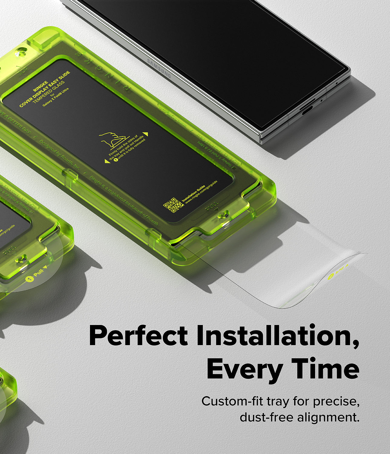 [Bundle] Galaxy Z Fold 8 Ultra | Fusion Magnetic + Cover Display Easy Slide Tempered Glass (2P) - A bright translucent green protective phone screen tray shown with a black smartphone and a peeled-back clear screen protector, on a light gray background with marketing text reading 'Perfect Installation, Every Time.'.