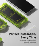 [Bundle] Galaxy Z Fold 8 Ultra | Fusion Magnetic + Cover Display Easy Slide Tempered Glass (2P) - A bright translucent green protective phone screen tray shown with a black smartphone and a peeled-back clear screen protector, on a light gray background with marketing text reading 'Perfect Installation, Every Time.'.