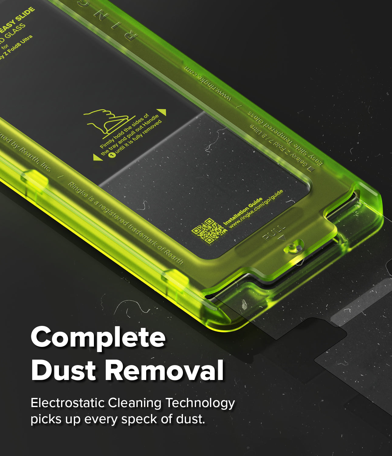 [Bundle] Galaxy Z Fold 8 Ultra | Fusion Magnetic + Cover Display Easy Slide Tempered Glass (2P) - A close-up of a transparent neon green protective phone case with a black inner layer, shown on a dark background with marketing text that reads 'Complete Dust Removal' and 'Electrostatic Cleaning Technology picks up every speck of dust.'.