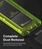 [Bundle] Galaxy Z Fold 8 Ultra | Fusion Magnetic + Cover Display Easy Slide Tempered Glass (2P) - A close-up of a transparent neon green protective phone case with a black inner layer, shown on a dark background with marketing text that reads 'Complete Dust Removal' and 'Electrostatic Cleaning Technology picks up every speck of dust.'.