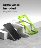 [Bundle] Galaxy Z Fold 8 Ultra | Fusion Magnetic + Cover Display Easy Slide Tempered Glass (2P) - Two smartphone screen protectors are displayed on white blocks against a light gray background. One protector is clear with a black phone mockup showing where it fits, and the other is a bright translucent neon green protective frame.