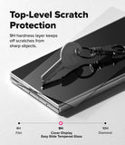 [Bundle] Galaxy Z Fold 8 Ultra | Fusion Magnetic + Cover Display Easy Slide Tempered Glass (2P) - A smartphone with a glossy black screen is shown with a key resting on top to demonstrate scratch resistance. Large text reads 'Top-Level Scratch Protection' and '9H hardness layer keeps off scratches from sharp objects.