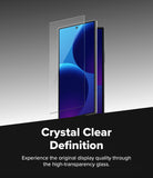 [Bundle] Galaxy Z Fold 8 Ultra | Fusion Magnetic + Cover Display Easy Slide Tempered Glass (2P) - A clear tempered glass screen protector is shown floating in front of a smartphone on a gray gradient background, with bold text reading 'Crystal Clear Definition' and smaller descriptive copy below.