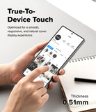 [Bundle] Galaxy Z Fold 8 Ultra | Fusion Magnetic + Cover Display Easy Slide Tempered Glass (2P) - A person holds a smartphone with a transparent or nearly invisible front cover while using the screen. Large text reads 'True-To-Device Touch' with a subtitle about a smooth, responsive, and natural cover experience, and additional text notes 'Thickness 0.