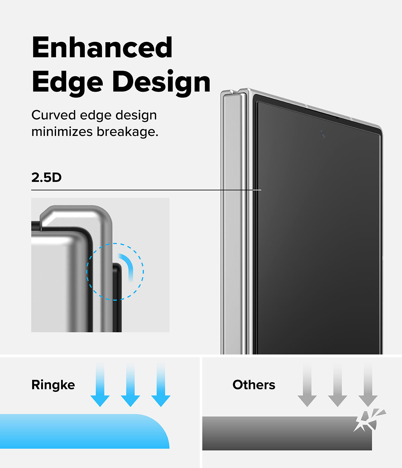 [Bundle] Galaxy Z Fold 8 Ultra | Fusion Magnetic + Cover Display Easy Slide Tempered Glass (2P) - Promotional graphic for a smartphone case with curved edge design, showing a dark gray phone case on a light gray background with text reading 'Enhanced Edge Design' and '2.5D'.