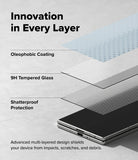 [Bundle] Galaxy Z Fold 8 Ultra | Fusion Magnetic + Cover Display Easy Slide Tempered Glass (2P) - Promotional graphic showing a layered device with labels for oleophobic coating, 9H tempered glass, and shatterproof protection on a light gray textured background.