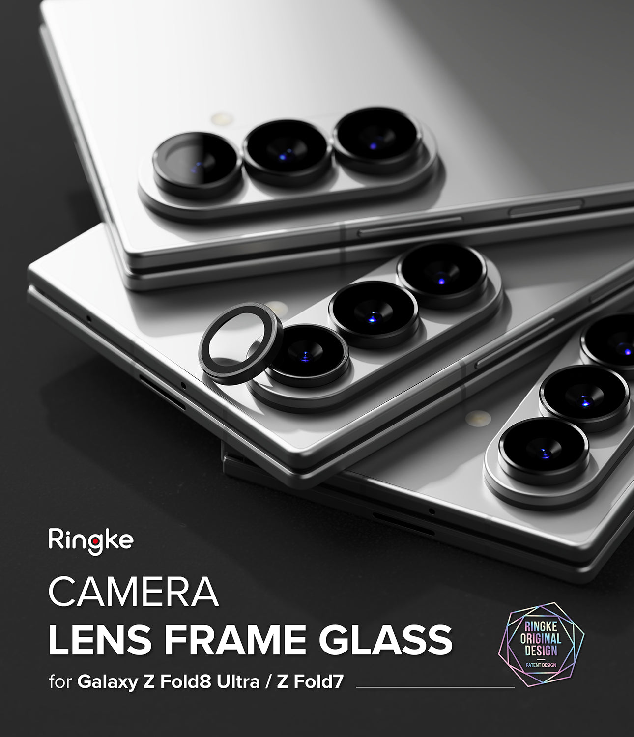 Galaxy Z Fold 8 Ultra | Camera Lens Frame Glass (2 Pack) - Camera Lens Frame Glass - Silver smartphone with individual black lens protectors being applied.