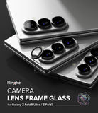 Galaxy Z Fold 8 Ultra | Camera Lens Frame Glass (2 Pack) - Camera Lens Frame Glass - Silver smartphone with individual black lens protectors being applied.
