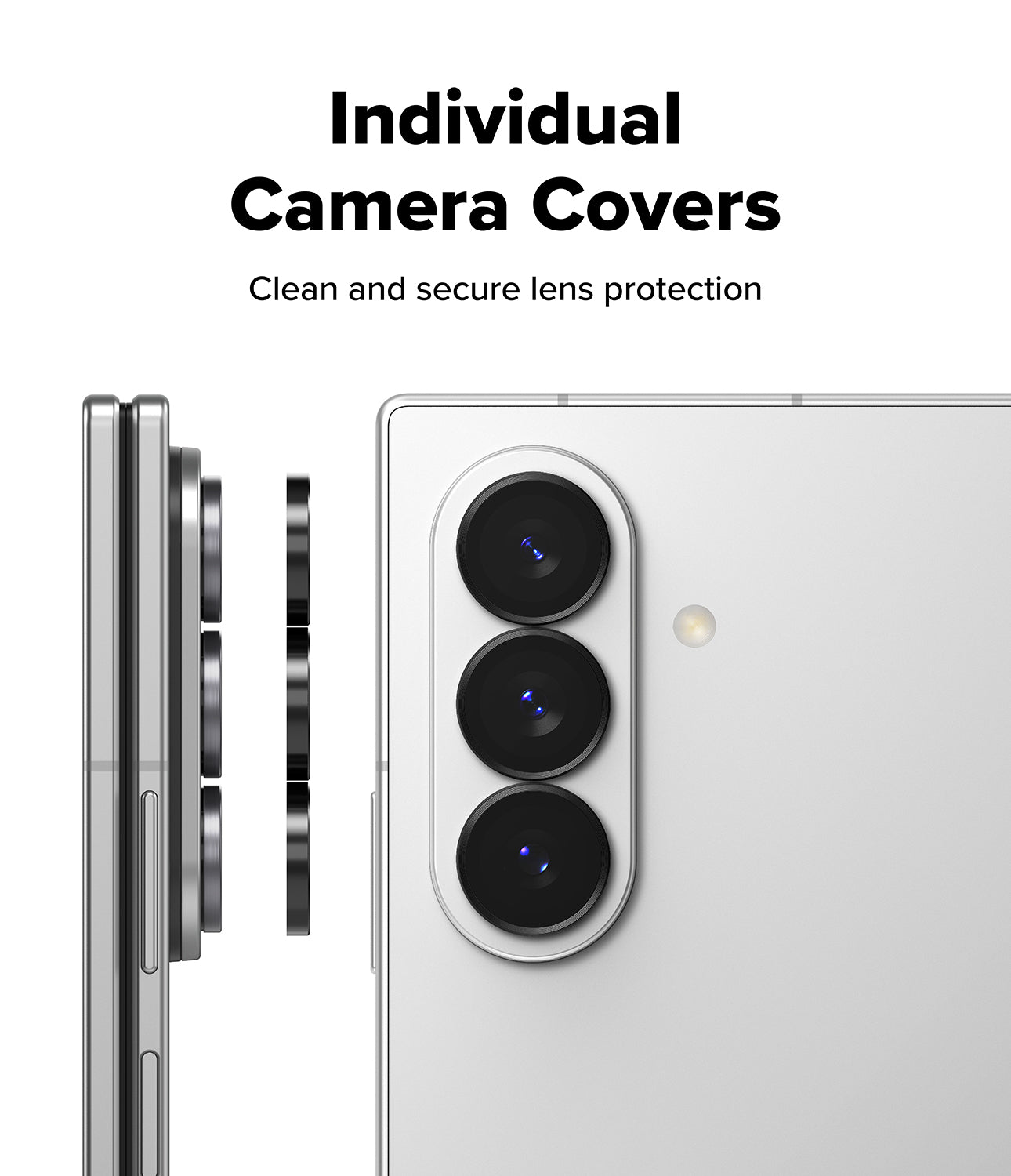 Galaxy Z Fold 8 Ultra | Camera Lens Frame Glass (2 Pack) - Individual lens covers shown being applied to a silver smartphone.