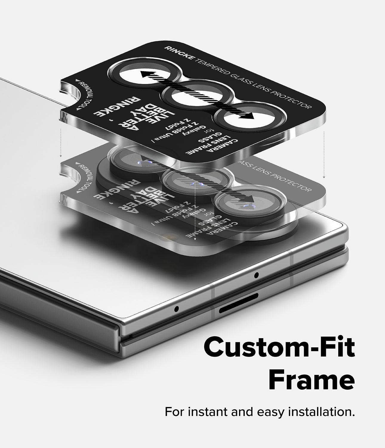 Galaxy Z Fold 8 Ultra | Camera Lens Frame Glass (2 Pack) - Installation tool aligning tempered glass protectors onto phone camera lenses.