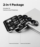 Galaxy Z Fold 8 Ultra | Camera Lens Frame Glass (2 Pack) - Two black lens protector sets next to a smartphone with installed lenses.