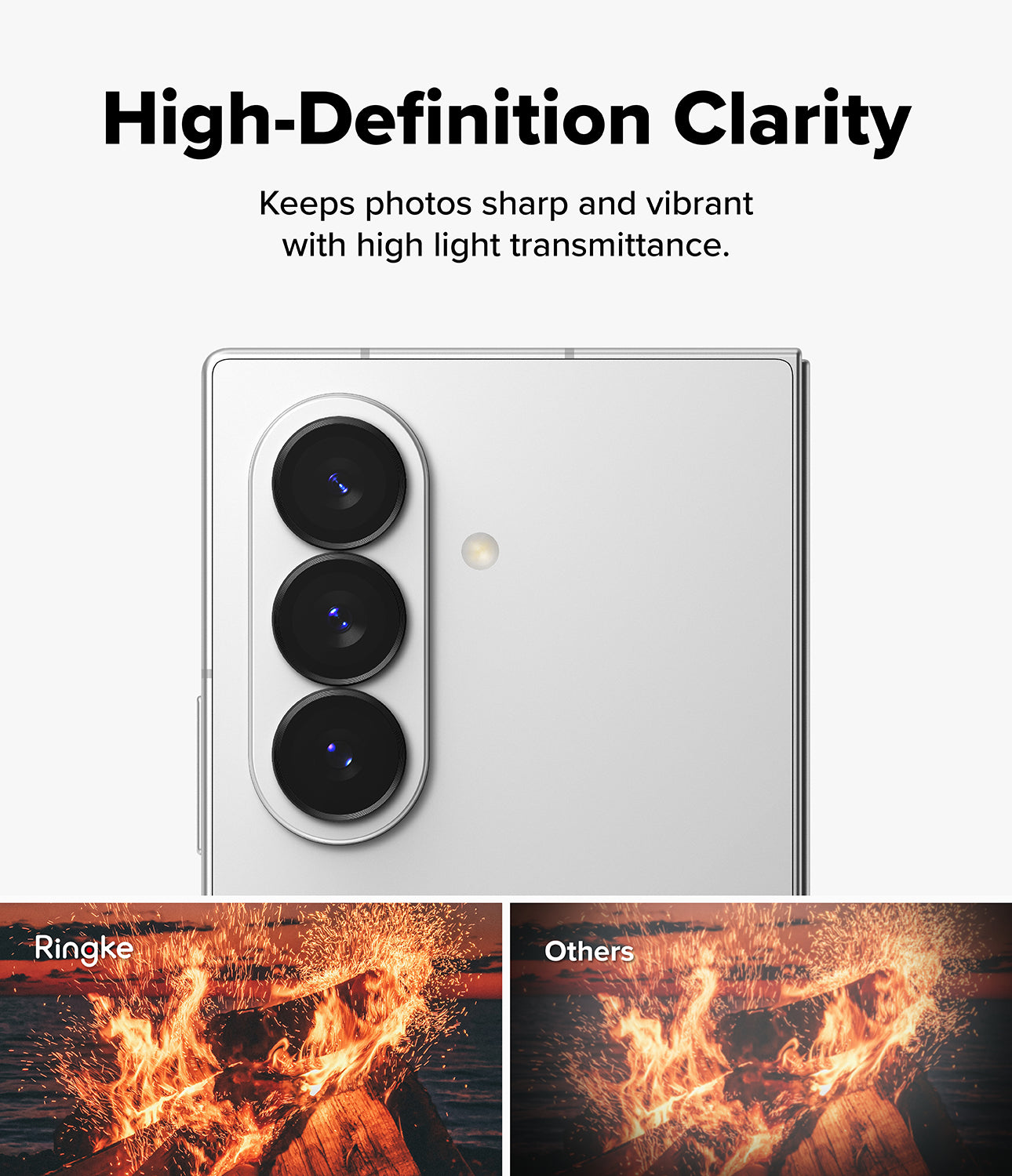 Galaxy Z Fold 8 Ultra | Camera Lens Frame Glass (2 Pack) - High-definition camera lens protector showing clear image quality with high light transmission compared to other protectors.