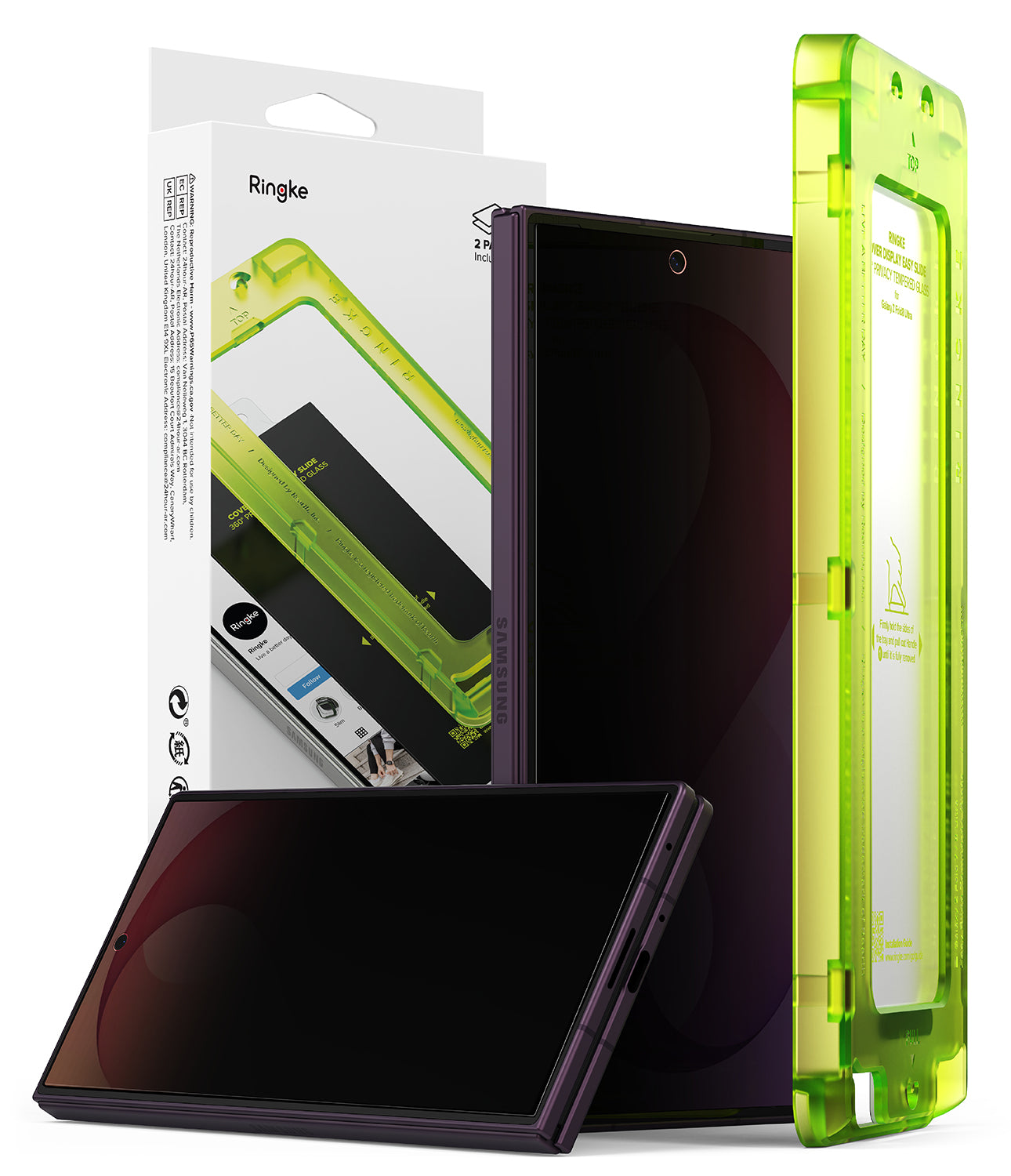 Galaxy Z Fold 8 Ultra Screen Protector | Cover Display Easy Slide 360° Privacy Tempered Glass (2 Pack) - Ringke phone case set shown with a white retail box, a dark phone displaying the front view, a dark phone showing the back view, and a translucent neon green case standing upright on a white background.