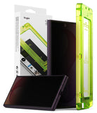 Galaxy Z Fold 8 Ultra Screen Protector | Cover Display Easy Slide 360° Privacy Tempered Glass (2 Pack) - Ringke phone case set shown with a white retail box, a dark phone displaying the front view, a dark phone showing the back view, and a translucent neon green case standing upright on a white background.