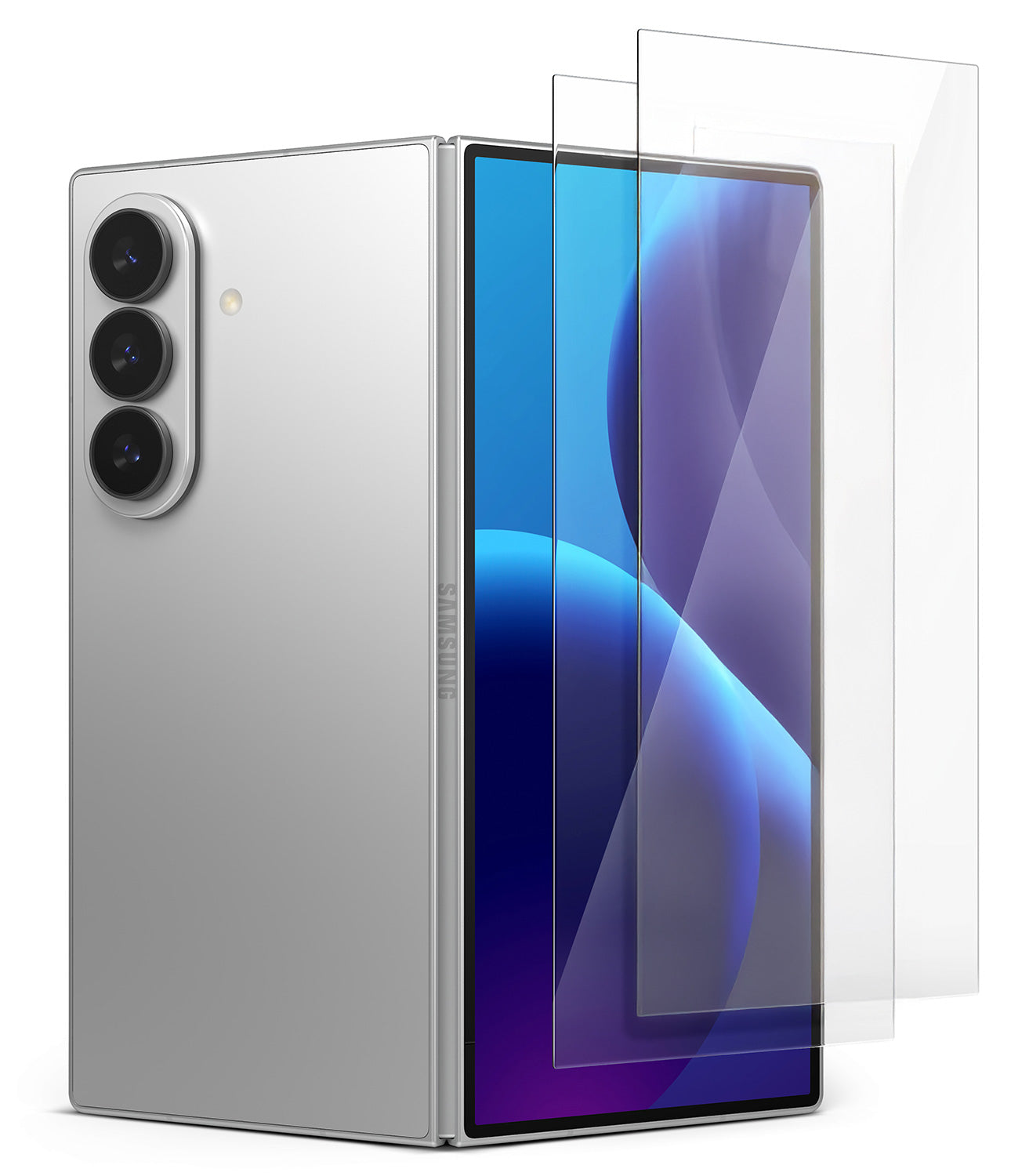 Galaxy Z Fold 8 Ultra Screen Protector | Cover Display Easy Slide Tempered Glass (2 Pack) - A silver Samsung foldable smartphone shown open with a transparent screen protector positioned over the front display, on a clean white background.