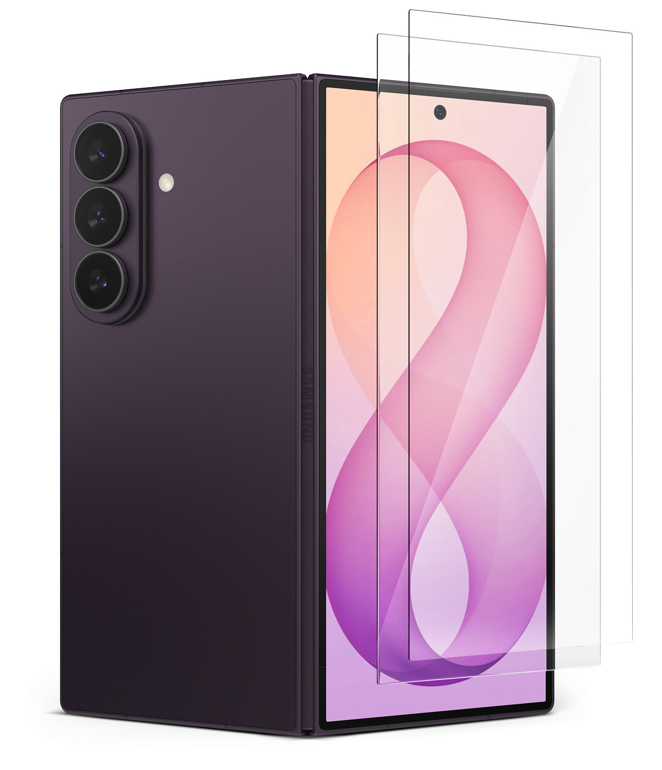 Galaxy Z Fold 8 Ultra Screen Protector | Cover Display Easy Slide Tempered Glass (2 Pack) - A dark purple foldable smartphone shown open with a transparent screen protector partially covering the front display, on a clean white background.