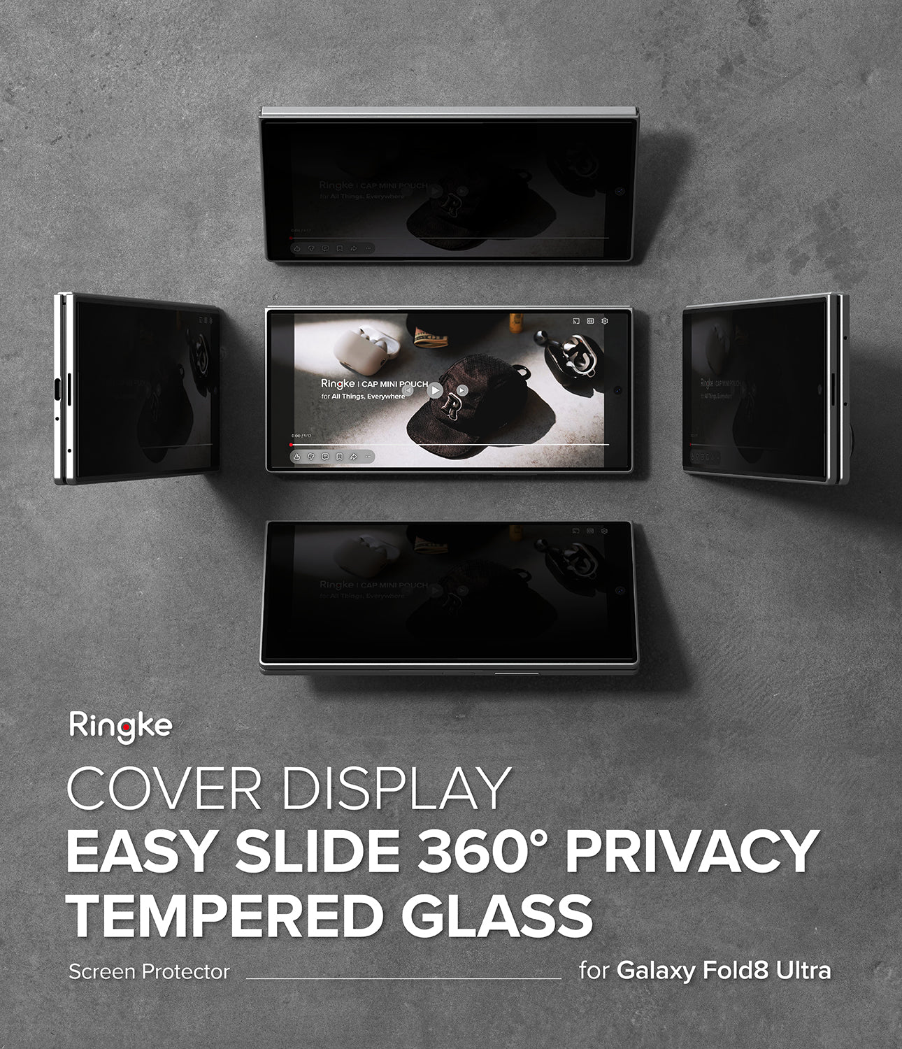 Galaxy Z Fold 8 Ultra Screen Protector | Cover Display Easy Slide 360° Privacy Tempered Glass (2 Pack) - Ringke Galaxy Fold8 Ultra screen protector cover display showing a 360-degree privacy tempered glass cover design on a dark gray textured background.