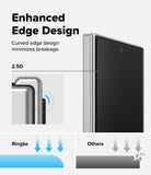 Galaxy Z Fold 8 Ultra Screen Protector | Cover Display Easy Slide 360° Privacy Tempered Glass (2 Pack) - Promotional graphic for a tablet or similar device showing enhanced curved edge design and 2.5D protection, with text, a close-up of the edge, and comparison arrows against Ringke and others.