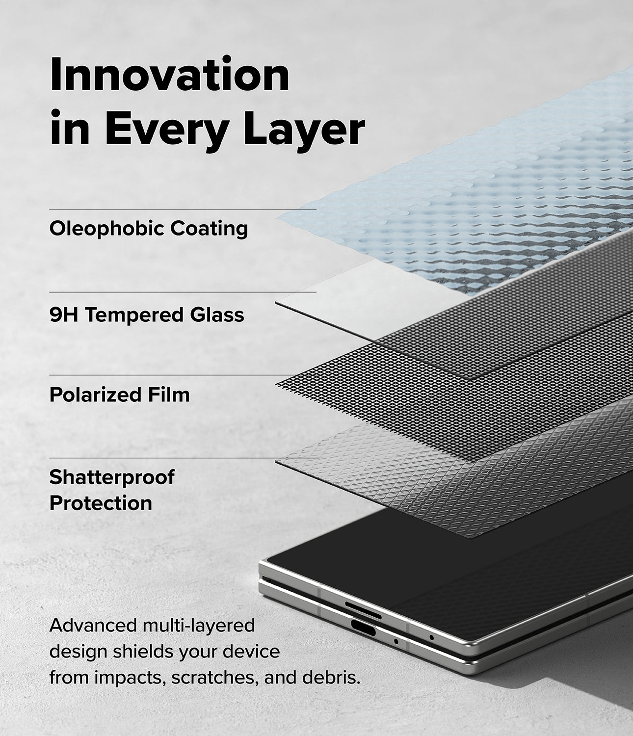 Galaxy Z Fold 8 Ultra Screen Protector | Cover Display Easy Slide 360° Privacy Tempered Glass (2 Pack) - Promotional graphic showing a layered smartphone case or device protection system with text labels: Oleophobic Coating, 9H Tempered Glass, Polarized Film, and Shatterproof Protection. The design uses a clean light gray background and a diagonal exploded view of transparent and dark protective layers.