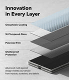 Galaxy Z Fold 8 Ultra Screen Protector | Cover Display Easy Slide 360° Privacy Tempered Glass (2 Pack) - Promotional graphic showing a layered smartphone case or device protection system with text labels: Oleophobic Coating, 9H Tempered Glass, Polarized Film, and Shatterproof Protection. The design uses a clean light gray background and a diagonal exploded view of transparent and dark protective layers.
