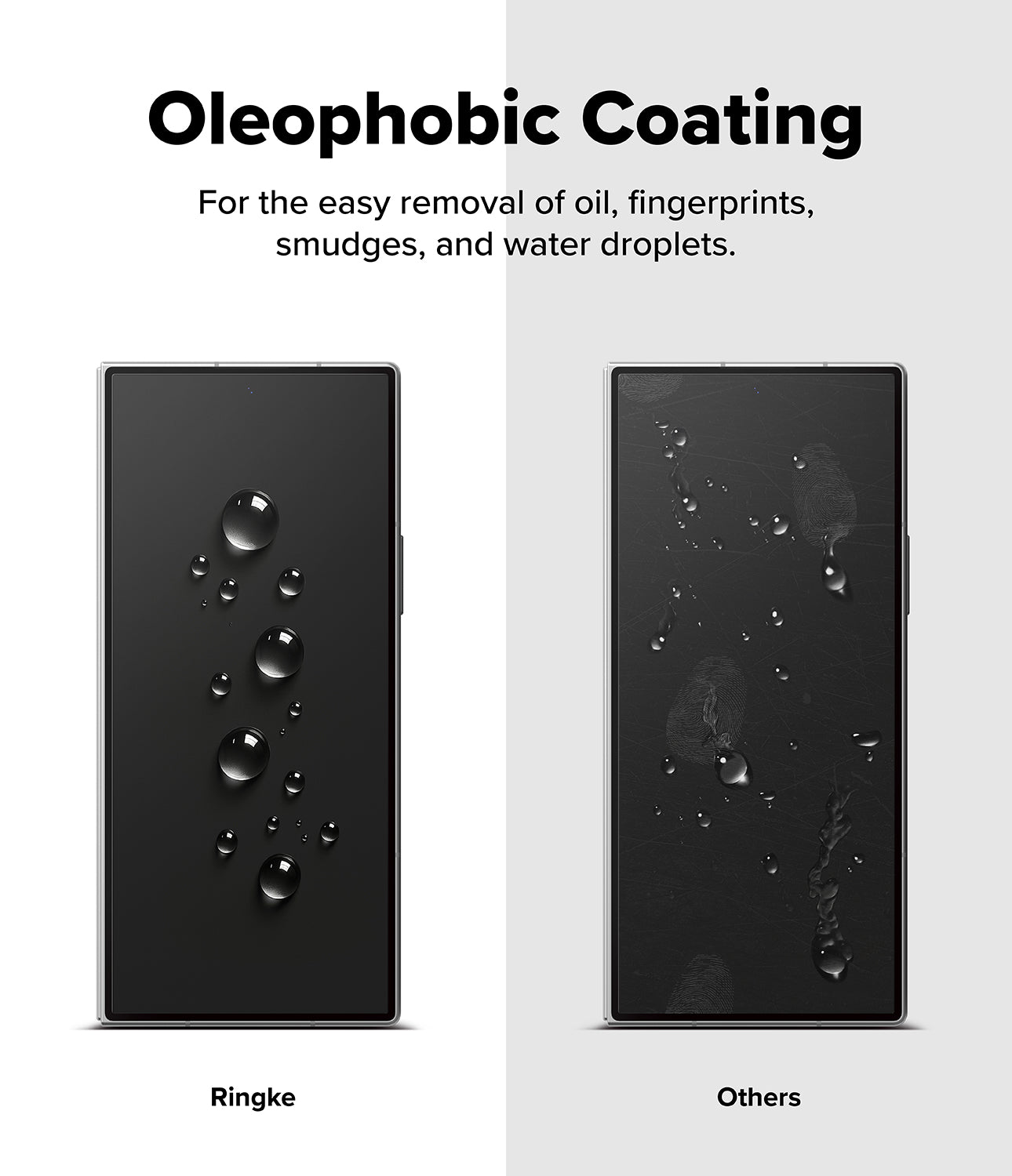 Galaxy Z Fold 8 Ultra Screen Protector | Cover Display Easy Slide 360° Privacy Tempered Glass (2 Pack) - A promotional comparison graphic for oleophobic coating on a smartphone screen. The left side shows a black phone screen with water droplets and oil-like smudges, labeled 'Ringke'; the right side shows a similar black screen with fewer visible marks, labeled 'Others'.