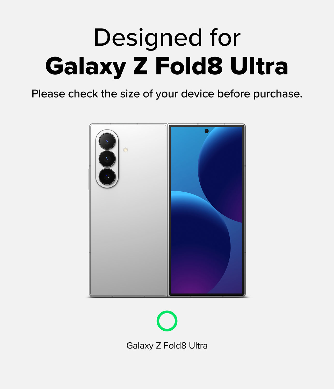 Galaxy Z Fold 8 Ultra Screen Protector | Cover Display Easy Slide 360° Privacy Tempered Glass (2 Pack) - Promotional graphic for a Samsung Galaxy Z Fold8 Ultra smartphone, showing the silver folded-back back and front faces of the device on a light gray background, with text stating 'Designed for Galaxy Z Fold8 Ultra' and a green ring icon.
