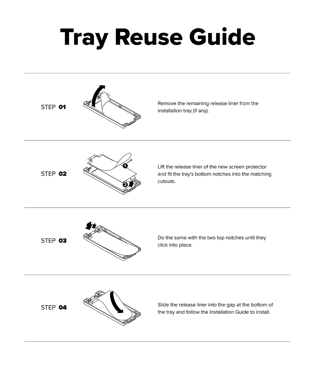 Galaxy Z Fold 8 Ultra Screen Protector | Cover Display Easy Slide 360° Privacy Tempered Glass (2 Pack) - A Tray Reuse Guide diagram showing four numbered steps with line drawings and short instructions for removing and reinstalling a release liner from a tray.