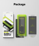 Galaxy Z Fold 8 Ultra Screen Protector | Cover Display Easy Slide 360° Privacy Tempered Glass (2 Pack) - Product packaging for a phone screen protector set on a light gray background, with the word 'Package' at the top. The set includes a retail box, a translucent neon green screen protector over a phone frame, and a dark gray backing card.