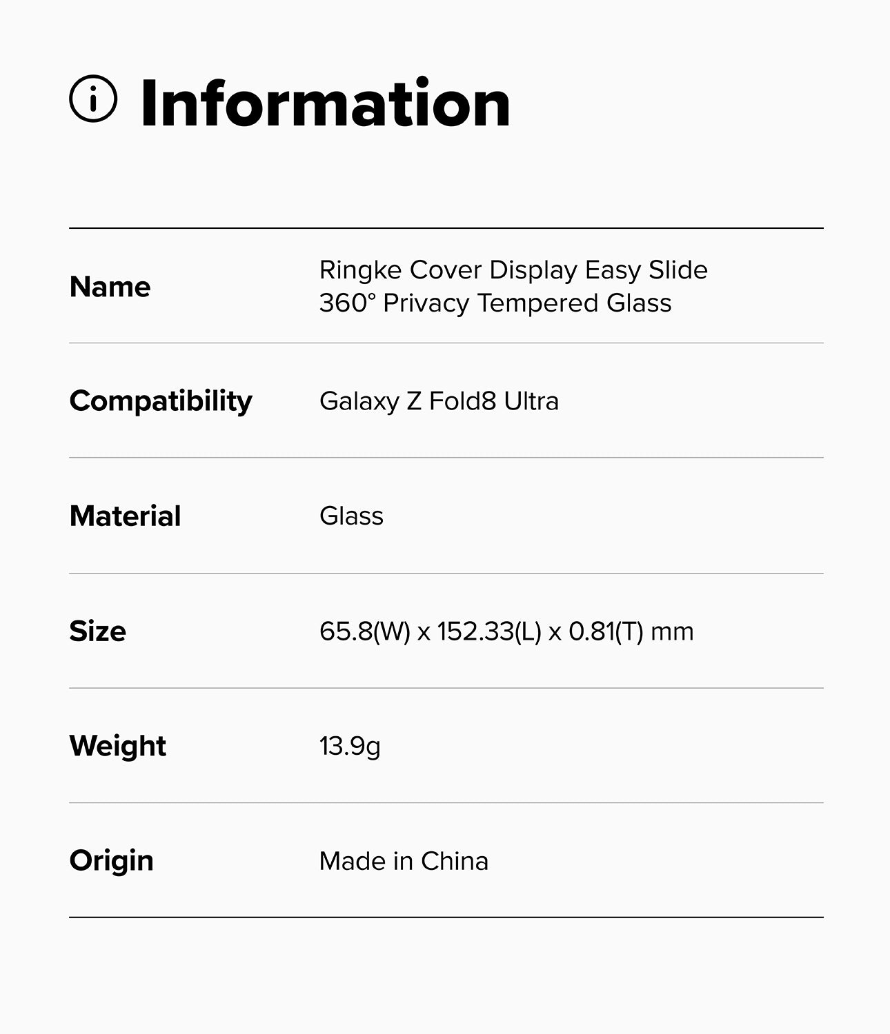 Galaxy Z Fold 8 Ultra Screen Protector | Cover Display Easy Slide 360° Privacy Tempered Glass (2 Pack) - An information card detailing the specifications of a Ringke Cover Display Easy Slide 360° Privacy Tempered Glass screen protector for the Galaxy Z Fold 8 Ultra, including dimensions, weight, and origin.