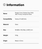 Galaxy Z Fold 8 Ultra Screen Protector | Cover Display Easy Slide 360° Privacy Tempered Glass (2 Pack) - An information card detailing the specifications of a Ringke Cover Display Easy Slide 360° Privacy Tempered Glass screen protector for the Galaxy Z Fold 8 Ultra, including dimensions, weight, and origin.