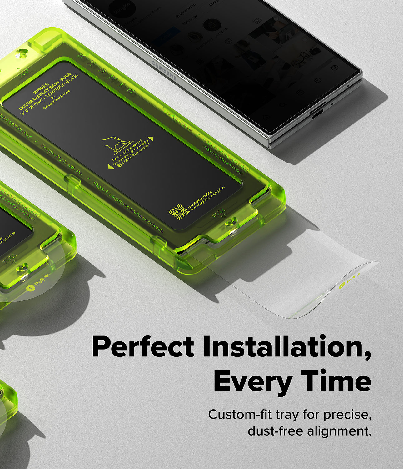 Galaxy Z Fold 8 Ultra Screen Protector | Cover Display Easy Slide 360° Privacy Tempered Glass (2 Pack) - A bright translucent green custom-fit tray holding a black smartphone, shown on a light gray background with additional partial trays and a sheet of clear material. Large text reads 'Perfect Installation, Every Time' with smaller descriptive copy below.